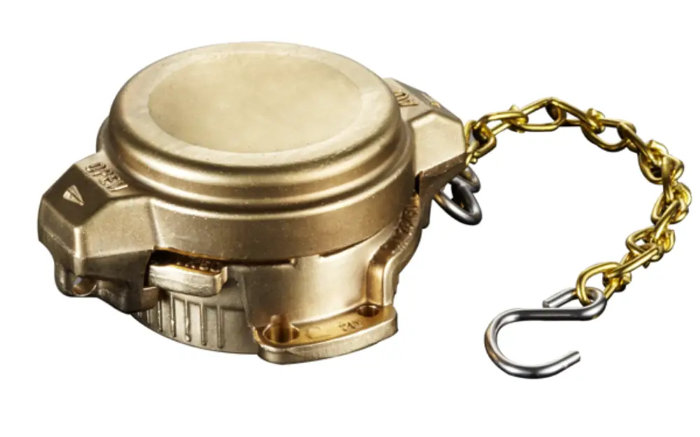 Tankverschluss aus Messing mit Bajonettverschluss, Kette mit Haken, geeignet für Füllstutzen. Oventrop-Produkt für sichere Abdichtung.